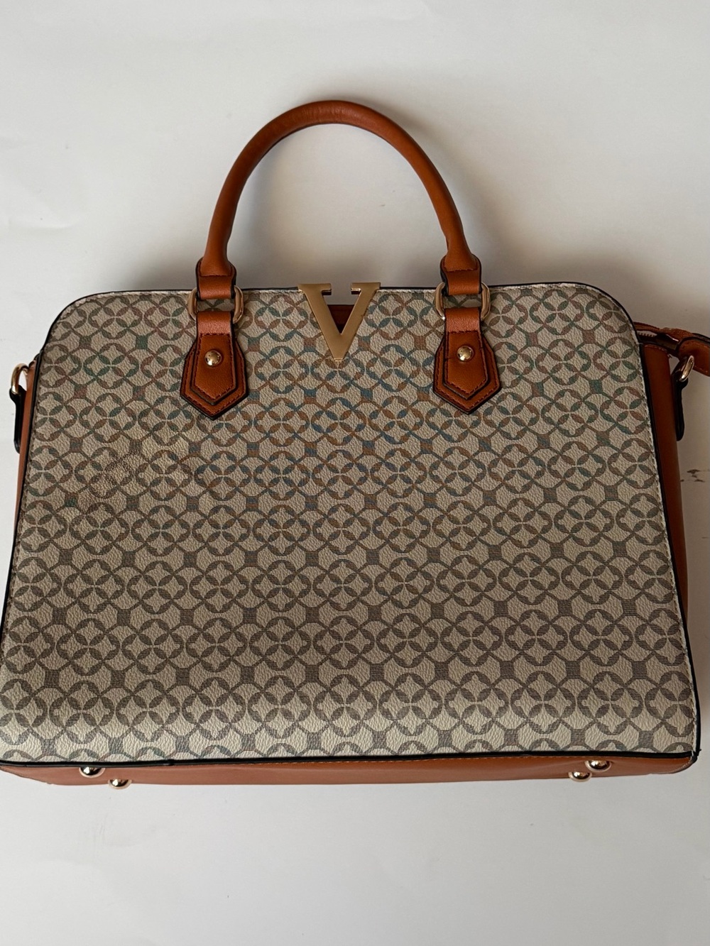 Structured Top-Handle Men’s Bag in Tan and Pattern
